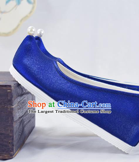 China National Women Bow Shoes Traditional Ming Dynasty Hanfu Shoes Ancient Princess Royalblue Shoes