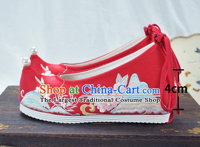 China Traditional Ming Dynasty Hanfu Shoes Ancient Princess Shoes National Wedding Red Embroidered Shoes