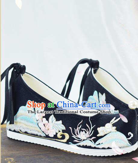 China Ancient Princess Shoes National Black Embroidered Shoes Traditional Ming Dynasty Hanfu Shoes