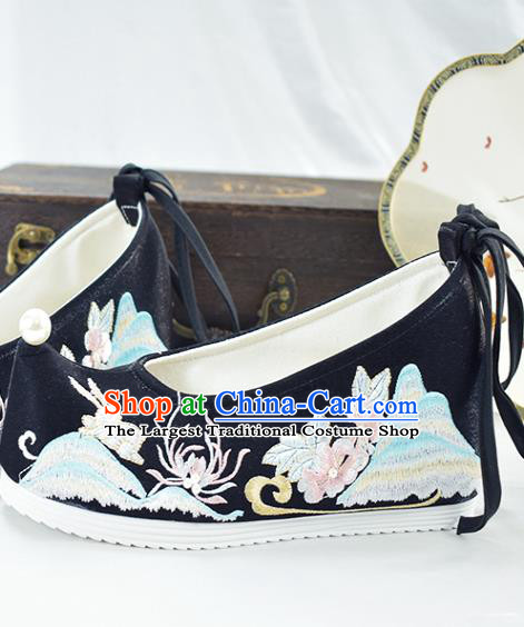 China Ancient Princess Shoes National Black Embroidered Shoes Traditional Ming Dynasty Hanfu Shoes