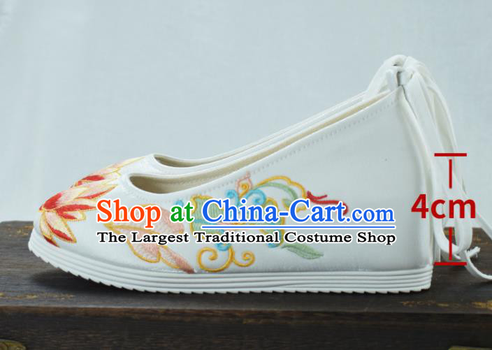 China National Embroidered Lotus Shoes White Cloth Shoes Traditional Hanfu Increased Shoes
