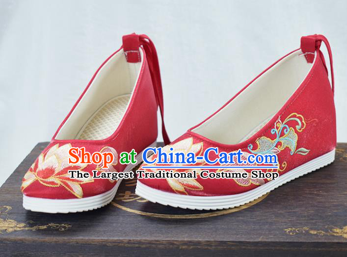 China Traditional Hanfu Increased Shoes National Embroidered Lotus Shoes Red Cloth Shoes
