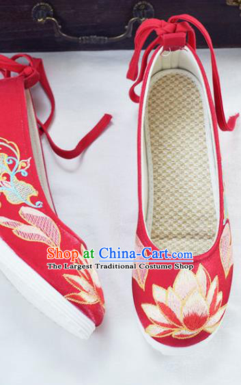 China Traditional Hanfu Increased Shoes National Embroidered Lotus Shoes Red Cloth Shoes