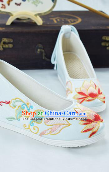 China Traditional New Year Shoes Light Blue Cloth Shoes National Embroidered Lotus Shoes
