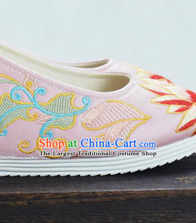 China Women Pink Cloth Shoes National Embroidered Lotus Shoes Traditional New Year Shoes