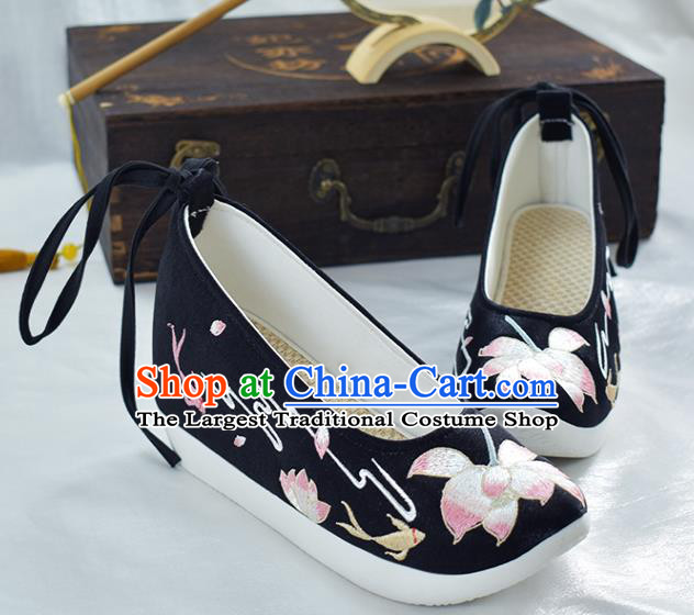 China Traditional Embroidered Lotus Shoes Women Black Cloth Shoes National Dance Shoes
