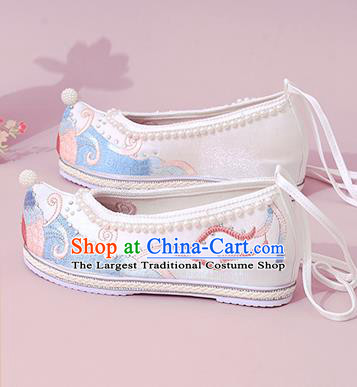 China National Shoes Classical Dance White Cloth Shoes Traditional Embroidered Pearls Shoe