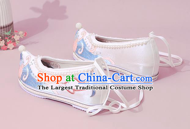 China National Shoes Classical Dance White Cloth Shoes Traditional Embroidered Pearls Shoe
