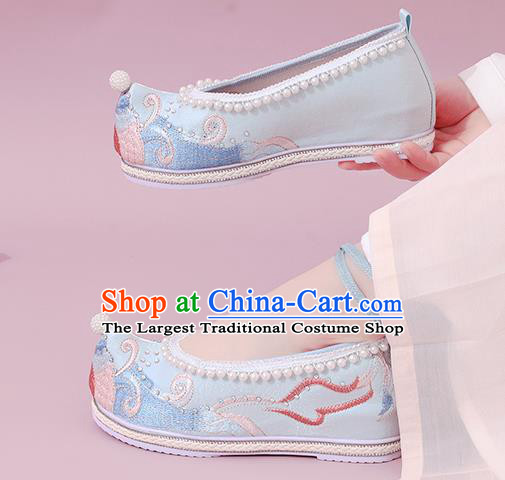 China Traditional Embroidered Pearls Shoe National Shoes Classical Dance Blue Cloth Shoes