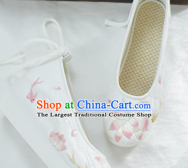 China Traditional Embroidered Lotus Shoe Ancient Princess White Cloth Shoes Classical Dance Shoes