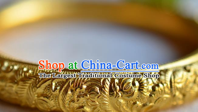 China National Carving Peony Golden Bracelet Jewelry Traditional Handmade Qing Dynasty Bangle Accessories