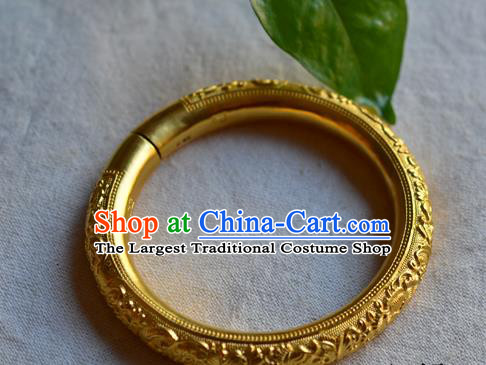 China National Carving Peony Golden Bracelet Jewelry Traditional Handmade Qing Dynasty Bangle Accessories
