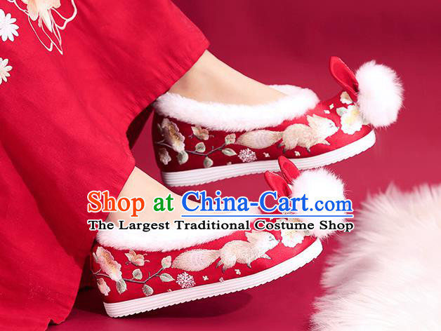 China Embroidered Squirrel Shoes Princess Shoes Traditional Rabbit Ear Shoes National Winter Red Shoes