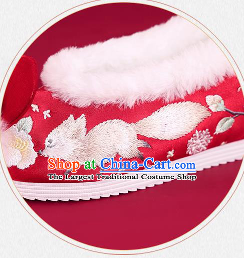 China Embroidered Squirrel Shoes Princess Shoes Traditional Rabbit Ear Shoes National Winter Red Shoes