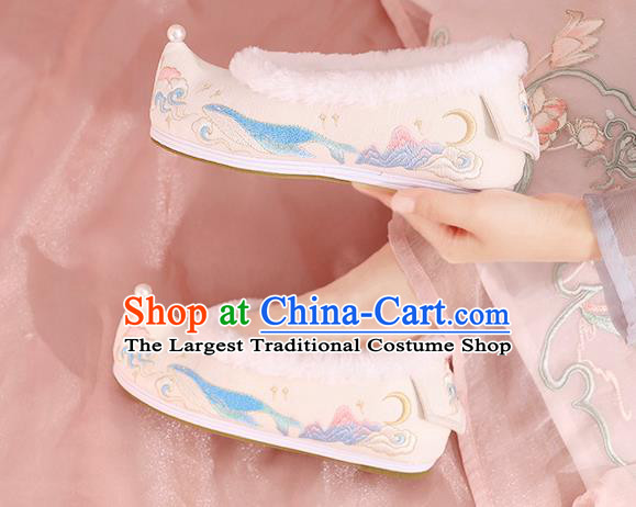 China Ming Dynasty Princess Shoes National Cloth Shoes Traditional Hanfu Shoes Winter Embroidered Shoes