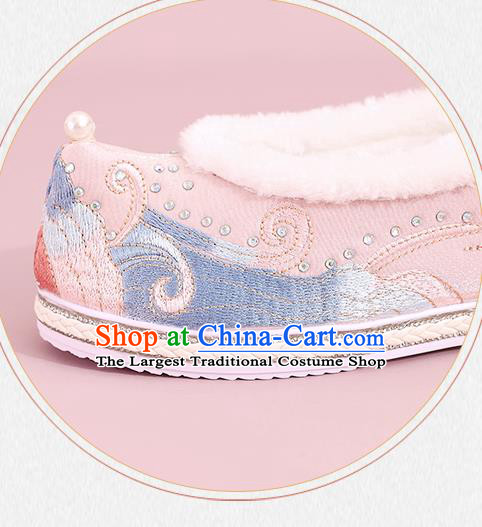 China Winter Hanfu Shoes Embroidered Shoes Ming Dynasty Princess Shoes National Pink Cloth Shoes