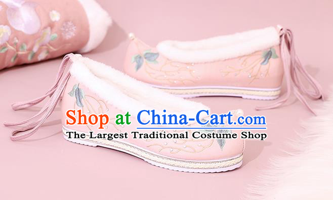 China National Winter Shoes Traditional Hanfu Shoes Embroidered Shoes Pink Cloth Shoes