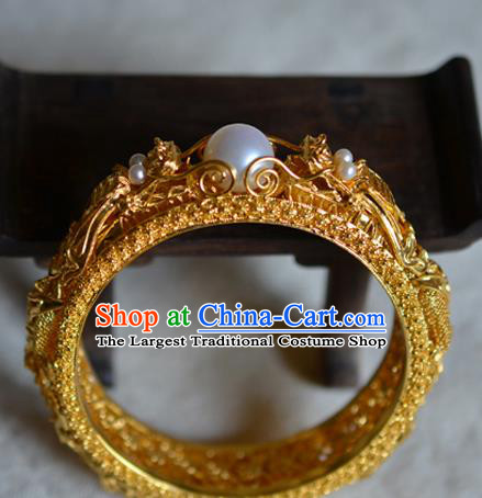 China National Filigree Golden Bracelet Jewelry Traditional Handmade Qing Dynasty Pearls Bangle Accessories