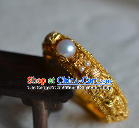 China National Filigree Golden Bracelet Jewelry Traditional Handmade Qing Dynasty Pearls Bangle Accessories