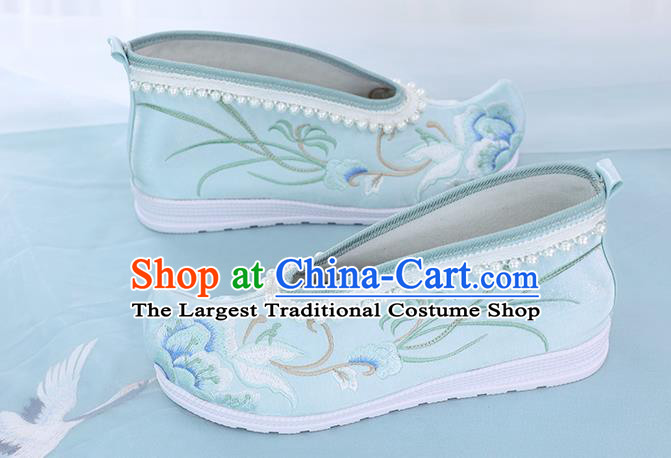 China Ancient Embroidered Shoes National Light Blue Cloth Shoes Traditional Ming Dynasty Princess Shoes