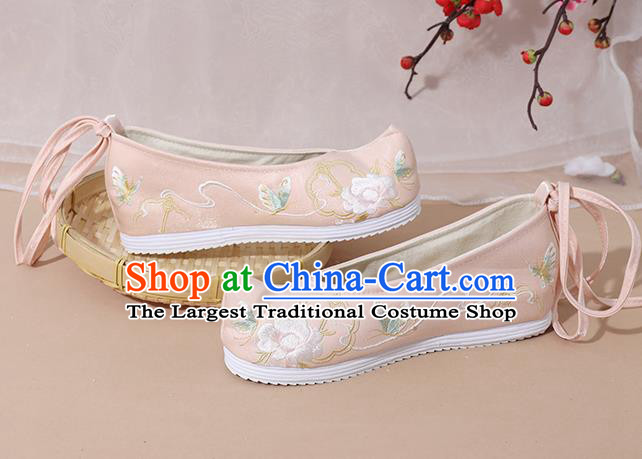 China Song Dynasty Young Lady Embroidered Shoes National Pink Cloth Shoes Traditional Hanfu Shoes