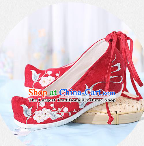 China Traditional Red Cloth Shoes National Wedge Heel Shoes Embroidered Plum Butterfly Shoes