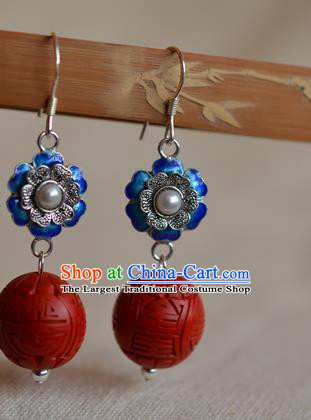 Chinese Ancient Empress Cloisonne Silver Ear Jewelry Traditional Carved Lacquerware Earrings Pearl Accessories