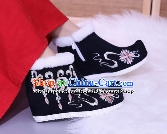 China Traditional New Year Shoes Embroidered Black Boots National Winter Ankle Boots