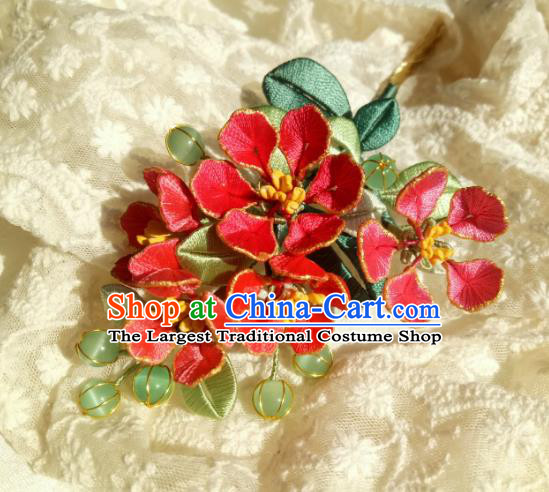 Chinese Ancient Princess Red Silk Flowers Hair Stick Traditional Hanfu Green Beads Hairpin