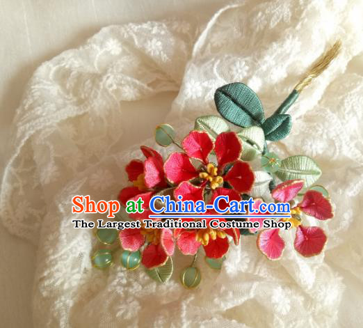 Chinese Ancient Princess Red Silk Flowers Hair Stick Traditional Hanfu Green Beads Hairpin
