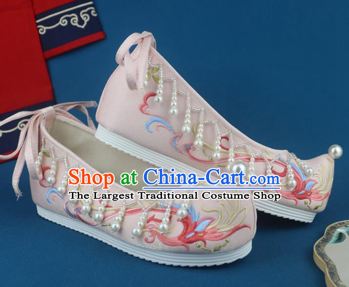 China Embroidered Phoenix Shoes Traditional Wedding Pearls Shoes Pink Cloth Shoes