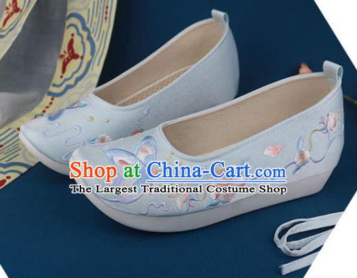 China Traditional Ming Dynasty Shoes Light Blue Shoes National Embroidered Butterfly Shoes