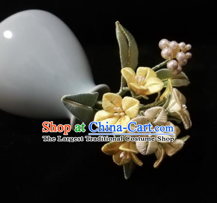 Chinese Traditional Hanfu Yellow Silk Rape Flower Hairpin Ancient Princess Pearls Hair Stick