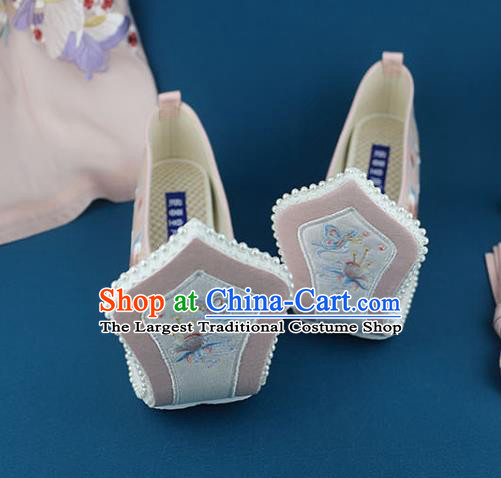 China Traditional Song Dynasty Shoes Handmade Pink Cloth Shoes Ancient Princess Embroidered Shoes