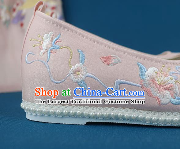 China Traditional Song Dynasty Shoes Handmade Pink Cloth Shoes Ancient Princess Embroidered Shoes