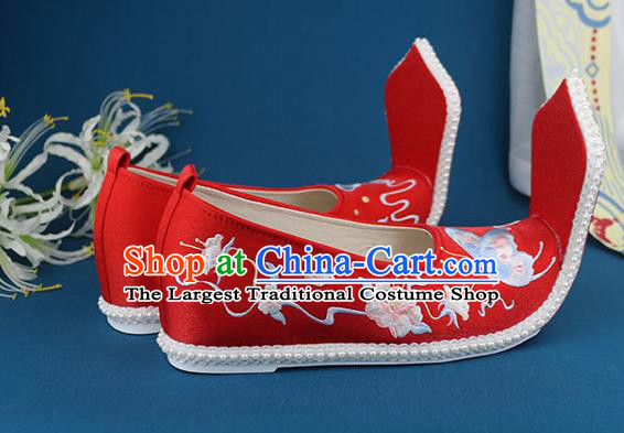 China Ancient Princess Embroidered Shoes Traditional Song Dynasty Shoes Handmade Wedding Red Cloth Shoes