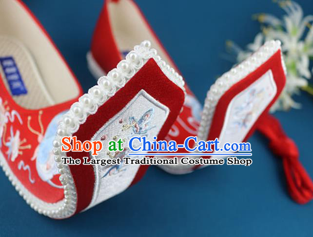 China Ancient Princess Embroidered Shoes Traditional Song Dynasty Shoes Handmade Wedding Red Cloth Shoes
