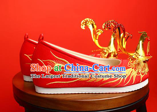 China Golden Phoenix Shoes Traditional Wedding Shoes Handmade Bride Red Satin Shoes