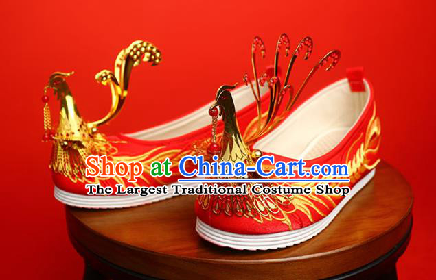 China Golden Phoenix Shoes Traditional Wedding Shoes Handmade Bride Red Satin Shoes