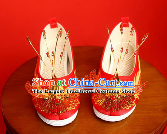 China Golden Phoenix Shoes Traditional Wedding Shoes Handmade Bride Red Satin Shoes