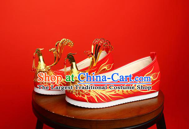 China Golden Phoenix Shoes Traditional Wedding Shoes Handmade Bride Red Satin Shoes