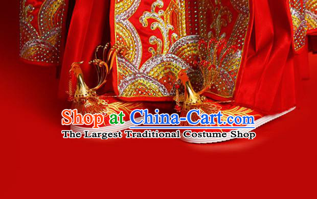 China Golden Phoenix Shoes Traditional Wedding Shoes Handmade Bride Red Satin Shoes