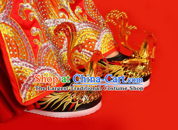 China Traditional Wedding Embroidered Shoes Handmade Bride Black Satin Shoes Golden Phoenix Shoes