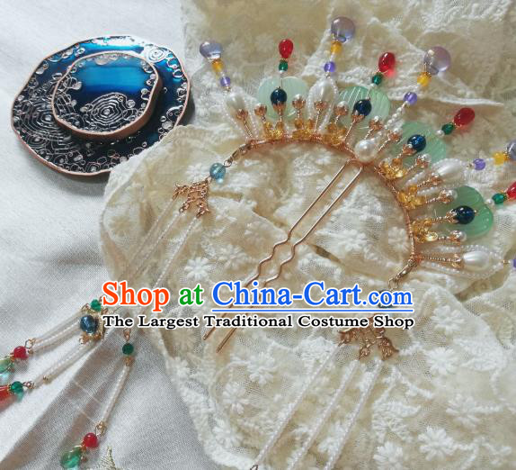 Chinese Traditional Tassel Hairpin Hanfu Hair Accessories Ancient Empress Pearls Hair Crown