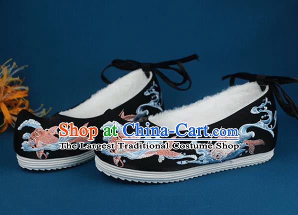 China Handmade Traditional Shoes National Winter Shoes Embroidered Fishes Black Cloth Shoes