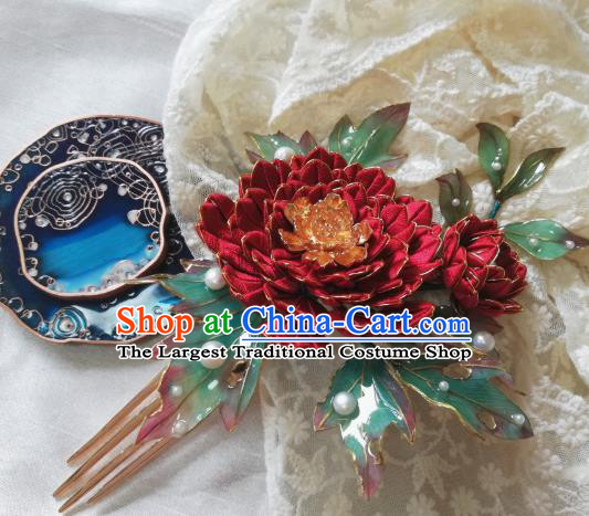 Chinese Traditional Hairpin Hanfu Hair Accessories Ancient Tang Dynasty Palace Lady Red Peony Hair Comb