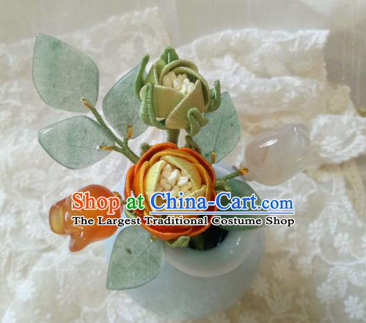 Chinese Traditional Hanfu Jade Leaf Hairpin Hair Accessories Ancient Princess Yellow Rose Hair Stick