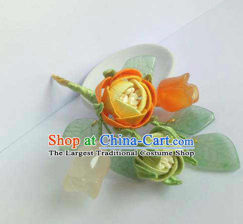 Chinese Traditional Hanfu Jade Leaf Hairpin Hair Accessories Ancient Princess Yellow Rose Hair Stick