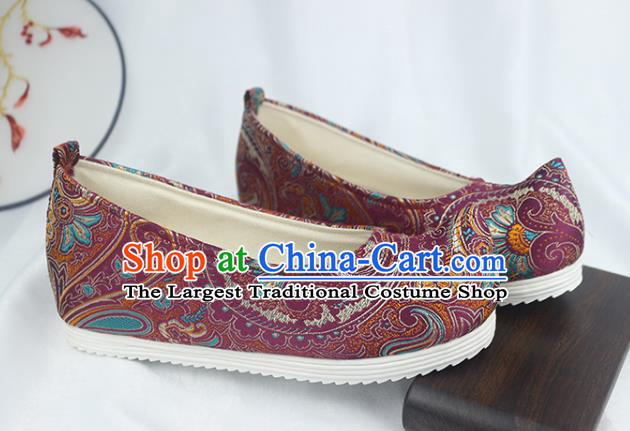 China Traditional Hanfu Bow Shoes Handmade National Purple Brocade Shoes