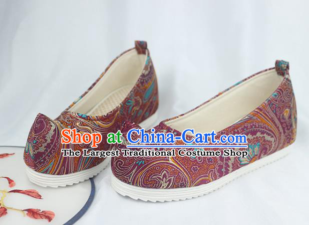 China Traditional Hanfu Bow Shoes Handmade National Purple Brocade Shoes